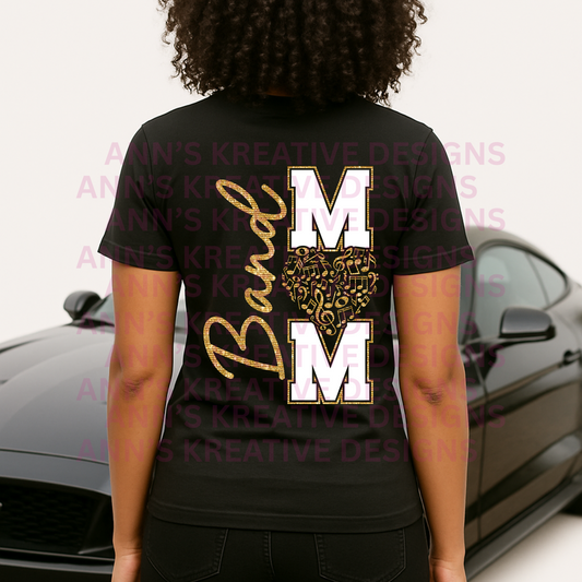 Band Mom Graphic Tee | Glitter Gold Music Heart Shirt for Proud Marching Band Moms