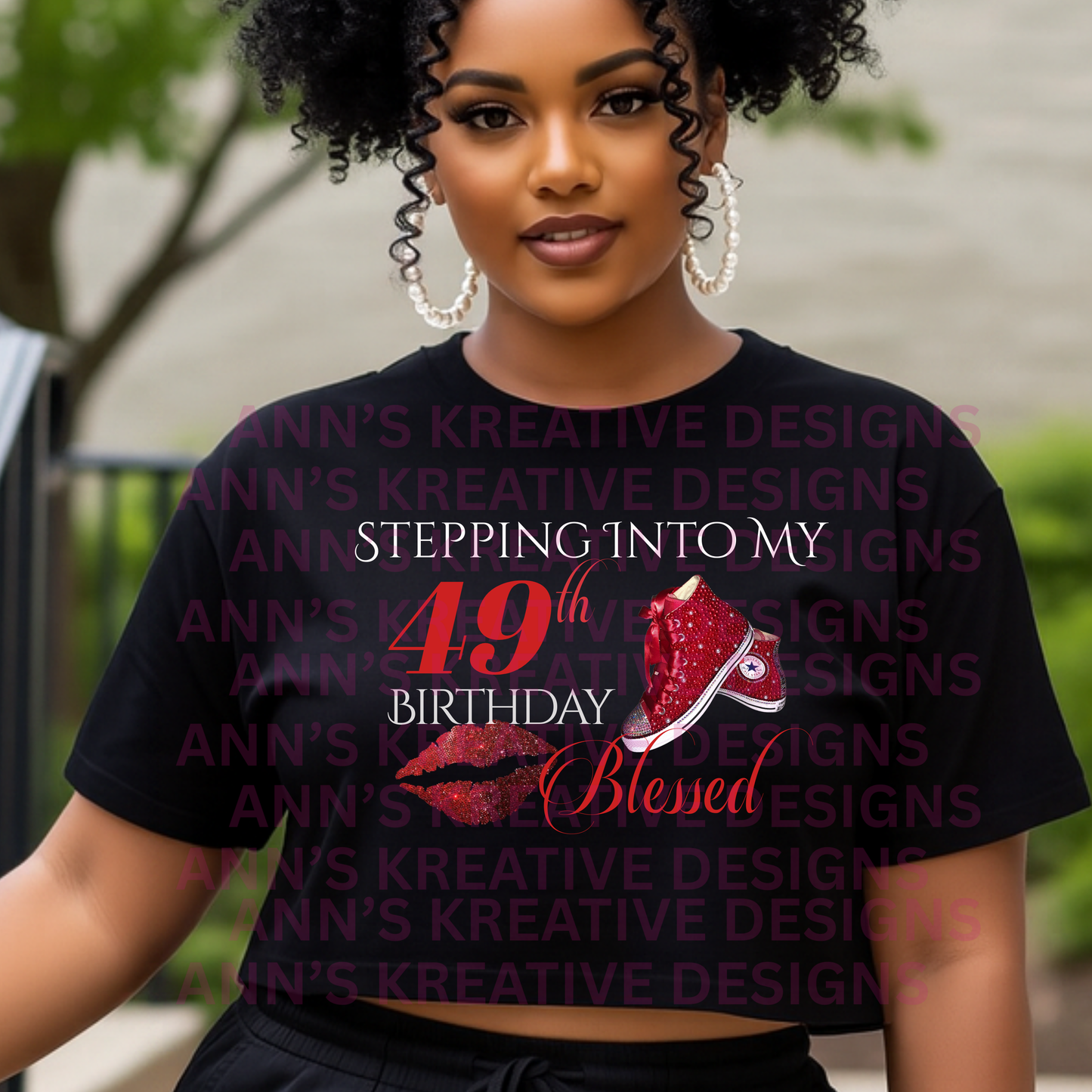 Stepping Into My 49th Birthday Blessed Shirt – Red Glitter Sneaker Graphic Tee or Crop Top – Women’s Birthday Outfit